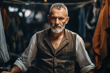 Obraz premium Generative AI young business owner standing on clothing store fabric clothing production boutique