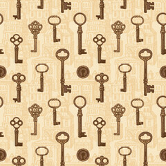 Seamless pattern with old wintage keys on background of old hand-drawn buildings. Vector repeating background in vintage style in beige colors. Suitable for wallpaper, wrapping paper or fabric design