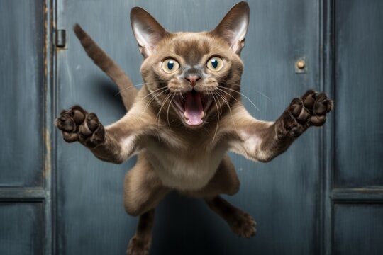 Studio Portrait Photography Of A Happy Burmese Cat Leaping In Front Of Vintage-looking Door