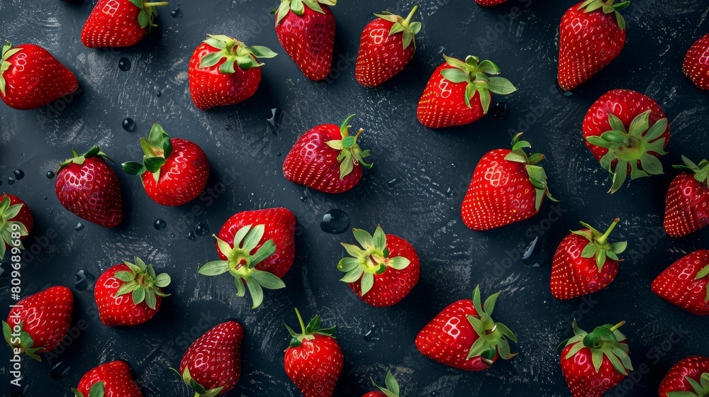 Poster artistic layout pattern of levitating strawberries on a dark background