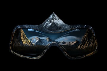 Digitally altered ski goggles reflecting a beautiful mountain landscape against a dark background