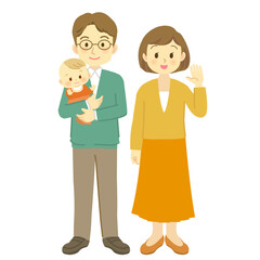 赤ちゃんを抱っこする夫と妻と赤ちゃんの核家族（正面・全身）
