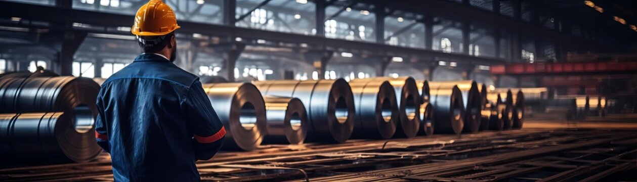 Steelworker wearing hardhat and safety glasses inspects steel coils in a steel mill.