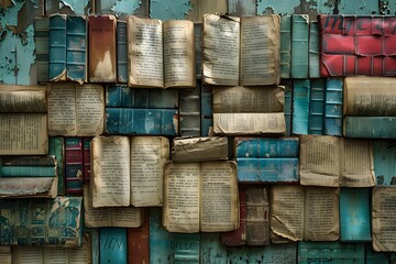 Wall of vintage books piled high