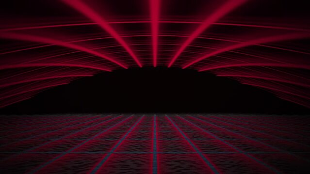 red stretched vaporwave perspective grid retro background, endless loop 3d animation