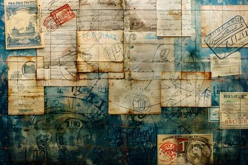 A close up of a wall covered in various stamps