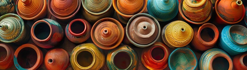 A variety of colorful handcrafted ceramic pots and tajines with intricate geometric patterns and vibrant glazes, arranged in a visually pleasing composition.