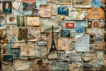 Close up of abundant vintage postcards on a wall