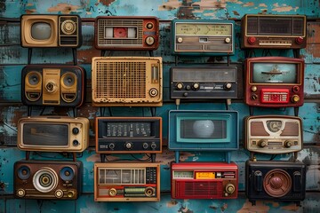 A close up of a wall of old fashioned radios on a blue wall