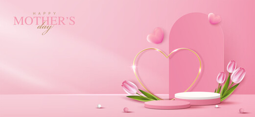 Display podium for Mother's day, Valentine's Day with heart and flower. minimal pink background. product display presentation. studio room concept, minimal wall scene. vector design.