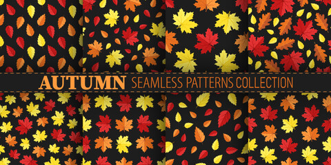 Fall vector seamless patterns collection. Red, yellow and orange autumn leaves on black background. Best for textile, wallpapers, wrapping paper, package and your design.