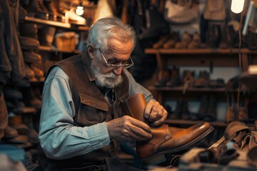 Obraz premium Mature Shoemaker Brushing Boot in Workshop