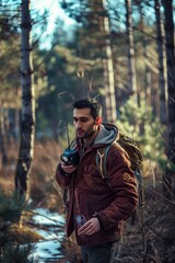 Man Hiking in Woods With Backpack
