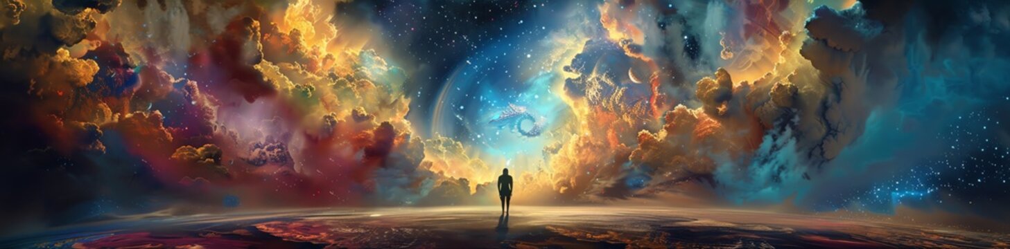 The vastness of space. A man standing on a distant planet, looking out at the stars. TheMiao Xiao De Ge Ti Yu Hao Han Yu Zhou De Dui Bi . Ren Lei Zai Yu Zhou Zhong De Wei Zhi .