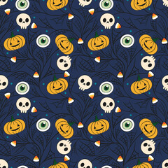 Naklejka premium Halloween seamless pattern. Pumpkins, spider web, candies, skulls. Spooky night backdrop. Cute Halloween background. Trick or treat wallpaper. Perfect for wrapping, packaging, stationary, fabric.