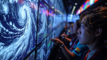 A dramatic scene at a national weather service office during a major hurricane tracking, with multiple meteorologists monitoring different screens that show real-time wind speeds.