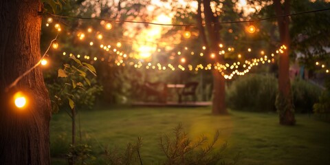 Warm string lights create a cozy atmosphere in an outdoor garden setting during dusk