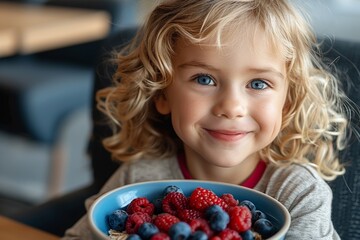 Fototapeta premium An angelic blond girl enjoys a nutritious breakfast of fresh berries, embodying health and happiness.