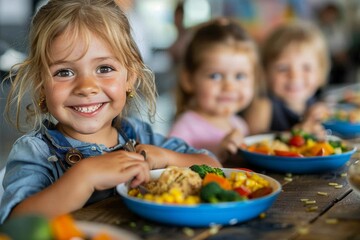 A group of happy kindergarten children enjoy a nutritious meal together in the school canteen.