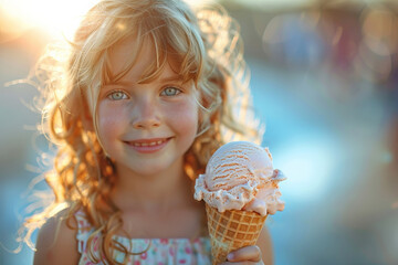 A pretty girl's face beams with happiness as she enjoys a frozen ice cream cone in summer.