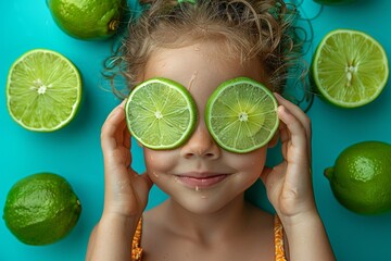 A pretty girl holds a juicy lime slice with funny expression.