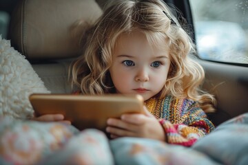 During the car trip, a cute young girl uses a tablet for games and internet.