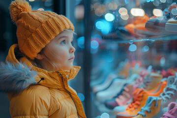 In a winter shoe store, an adorable toddler girl looks at the showcase with wonder.