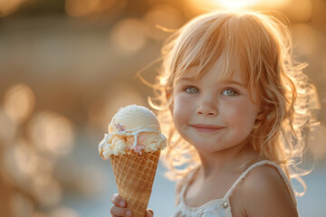 In the heat of summertime, a little girl enjoys a frozen vanilla ice cream cone outdoors.