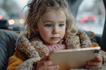 A cute girl happily enjoys entertainment on her tablet during the car journey.