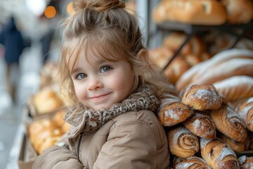 A cute girl poses with fresh bread, embodying childhood joy.
