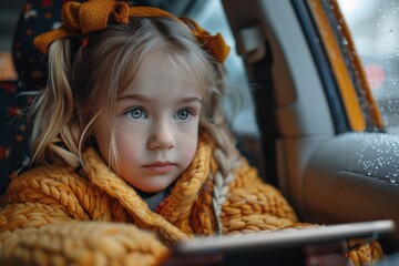 In the automobile, a serious young girl watches a tablet during the trip, emphasizing safety.