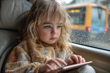 During the automobile journey, a cute Caucasian girl entertains herself with a tablet, playing games.
