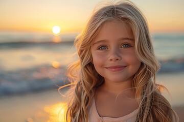 At the seashore during sunset, a lovely girl smiles with joy, enjoying her vacation.