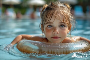 In the pool, a playful girl swims with an inflatable ring, enjoying summer recreation.