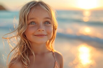 A joyful daughter smiles on the sandy coastline at sunset during summertime vacations.