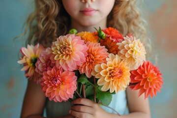 A daughter presents a lovely bouquet, blooming with emotion and happiness in spring.
