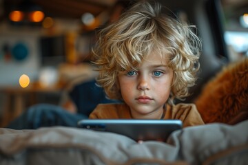 Focused on his gadget, a boy studies online in his bedroom, embracing modern education.