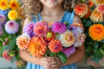 A girl holds a romantic bouquet, a beautiful composition of blooming flowers for a special occasion.