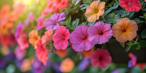 In a tender summertime scene, a hanging basket overflows with colorful blooming petunias.