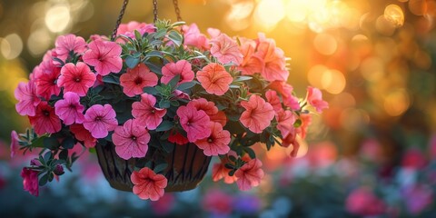 A hanging basket blooms with vibrant flowers, enhancing the outdoor scenery.