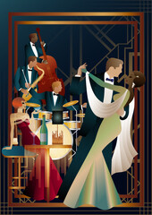 Jazz musicians and dancers on a universal background. Double bass, saxophone, drum. Musicians play musical instruments