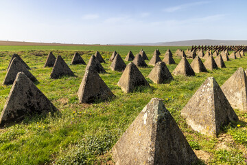 Anti-tank concrete barriers. Historical Area of the Czechoslovak fortification Satov for defense against Nazi Germany near Znojmo town in the South Moravian Region of the Czech Republic, Europe.