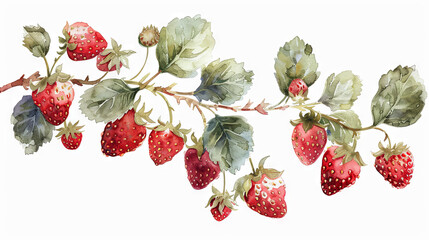 Watercolor illustration of strawberry branch on the white background