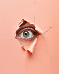 Intriguing gaze, vivid teal eye appears through broken red hole in gentle pastel.