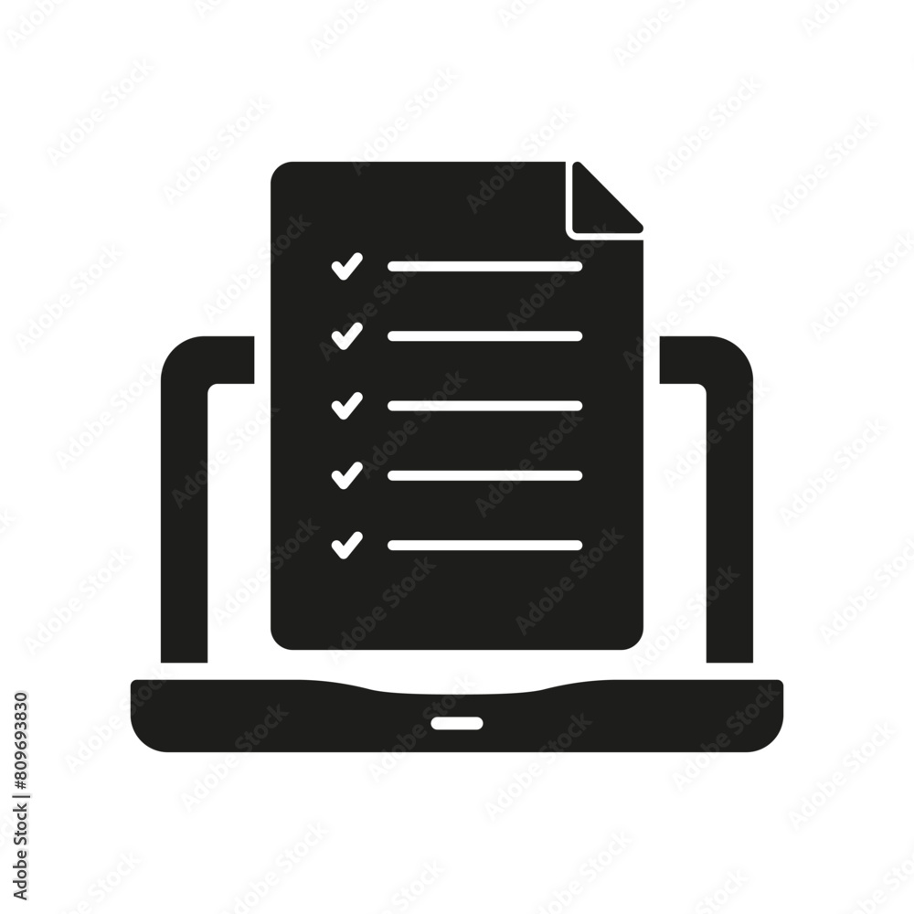 Poster online test silhouette icon. questionnaire on laptop glyph pictogram. application form. computer wit