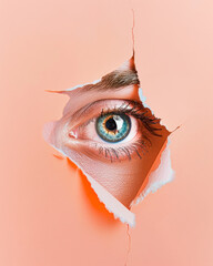 Strange allure, brilliant teal eye observed through torn red puncture on subtle orange backdrop.