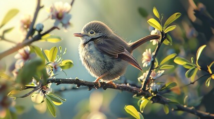 Obraz premium A cute little bird is sitting on a branch with green leaves and white flowers. The bird is looking at the camera with its head tilted to one side.