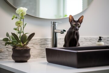 Lifestyle portrait photography of a funny oriental shorthair cat investigating isolated on sleek bathroom