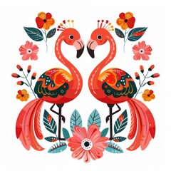 Naklejka premium Two flamingos standing next to each other in a flowery background