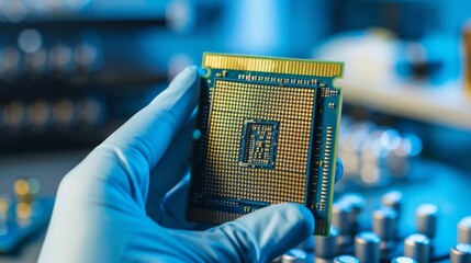 Gloved Hand Holding Microprocessor